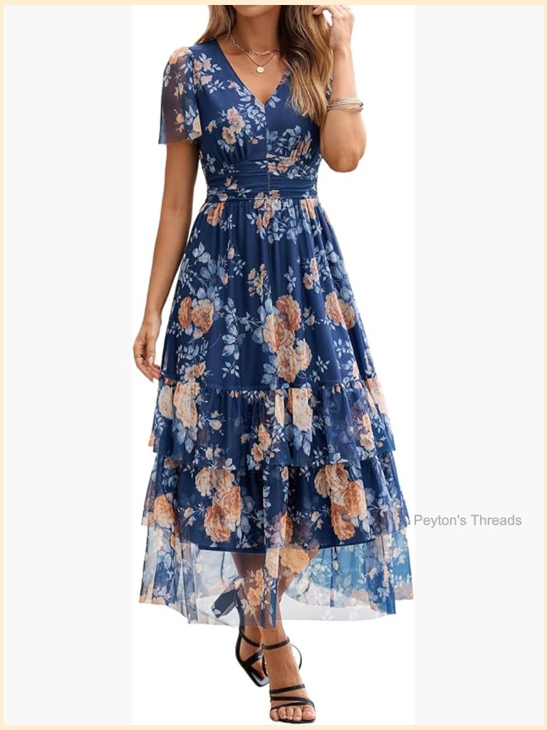 Floral Maxi Dress V Neck Short Sleeve Boho Flowy Tiered Ruffle Wedding Guest